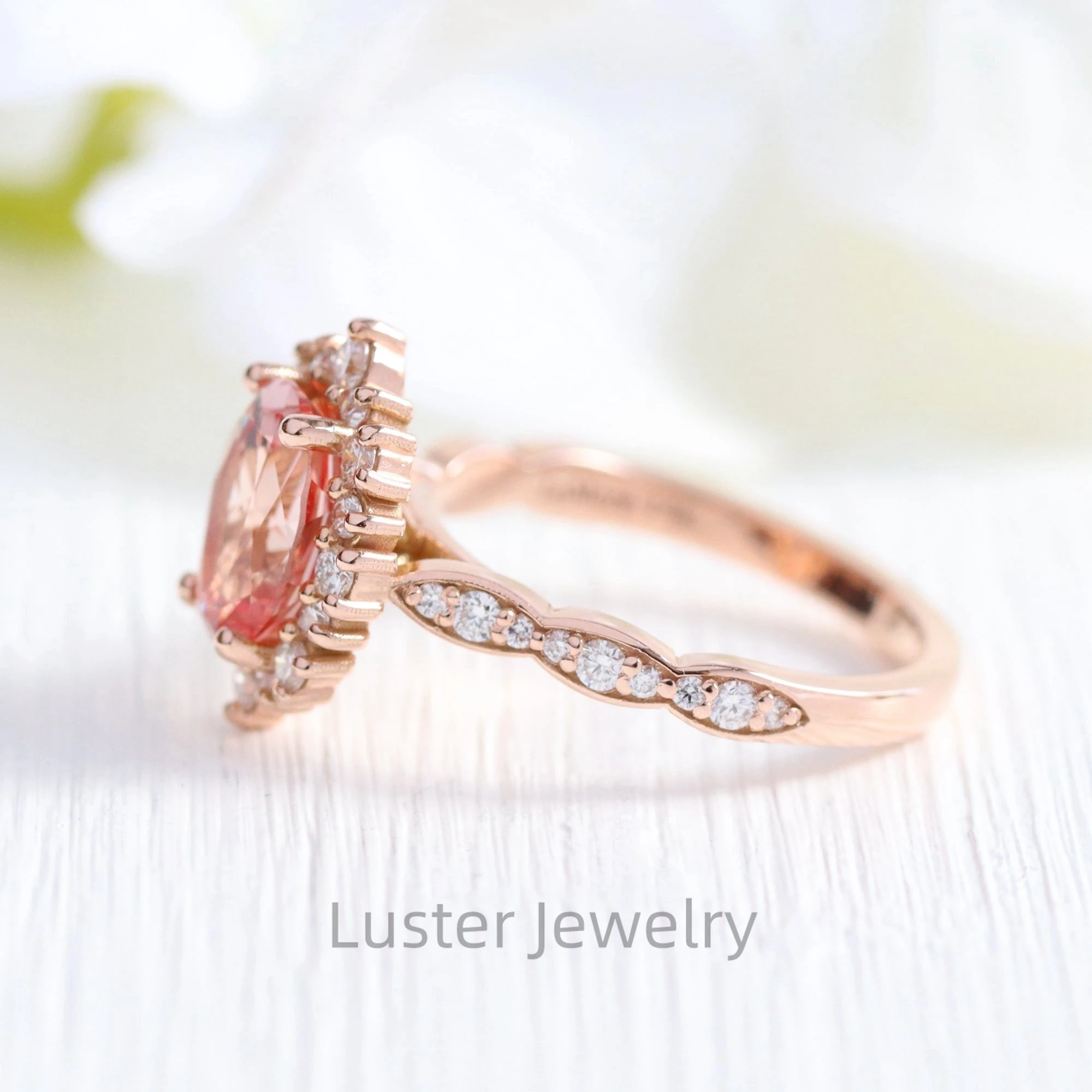 Luster Large Vintage Style 10K 14K 18K Gold Halo Moissanite Band 8x10mm Lab Grown Peach Pink Sapphire Ring for Woman
