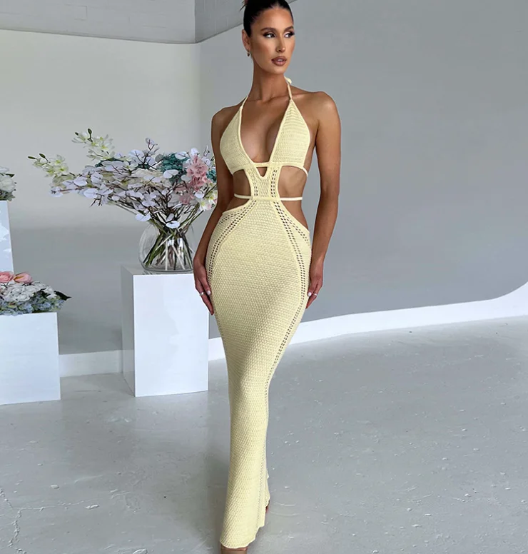 STOCK 6Colors Knitting Backless Summer Dress Women Bodycon Maxi Long Sexy Dress Casual Beach Dresses