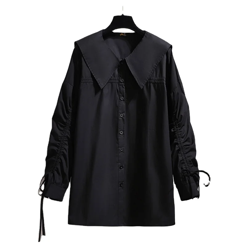 Рубашка с воротником Осенняя плиссированная рубашка с длинными рукавами Темно-Синяя Женская Корейская оптовая продажа Большие размеры Женская одежда для взрослых больших размеров