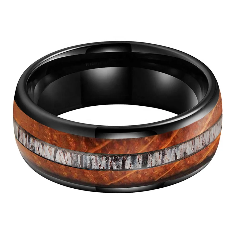 Coolstyle Jewelry 8mm Wholesale Domed Whisky Wood Deer Antler Inlay Engagement Wedding Band Black Tungsten Ring for Men Women