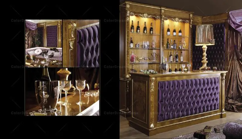 Royal luxury golden living room wooben bar counter and wine cabinet set