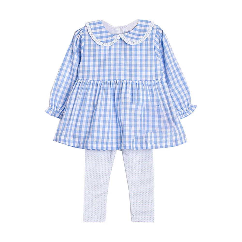 Monogram siblings matching light blue gingham children girls leggings set winter ruffled toddler kid girl clothing sets