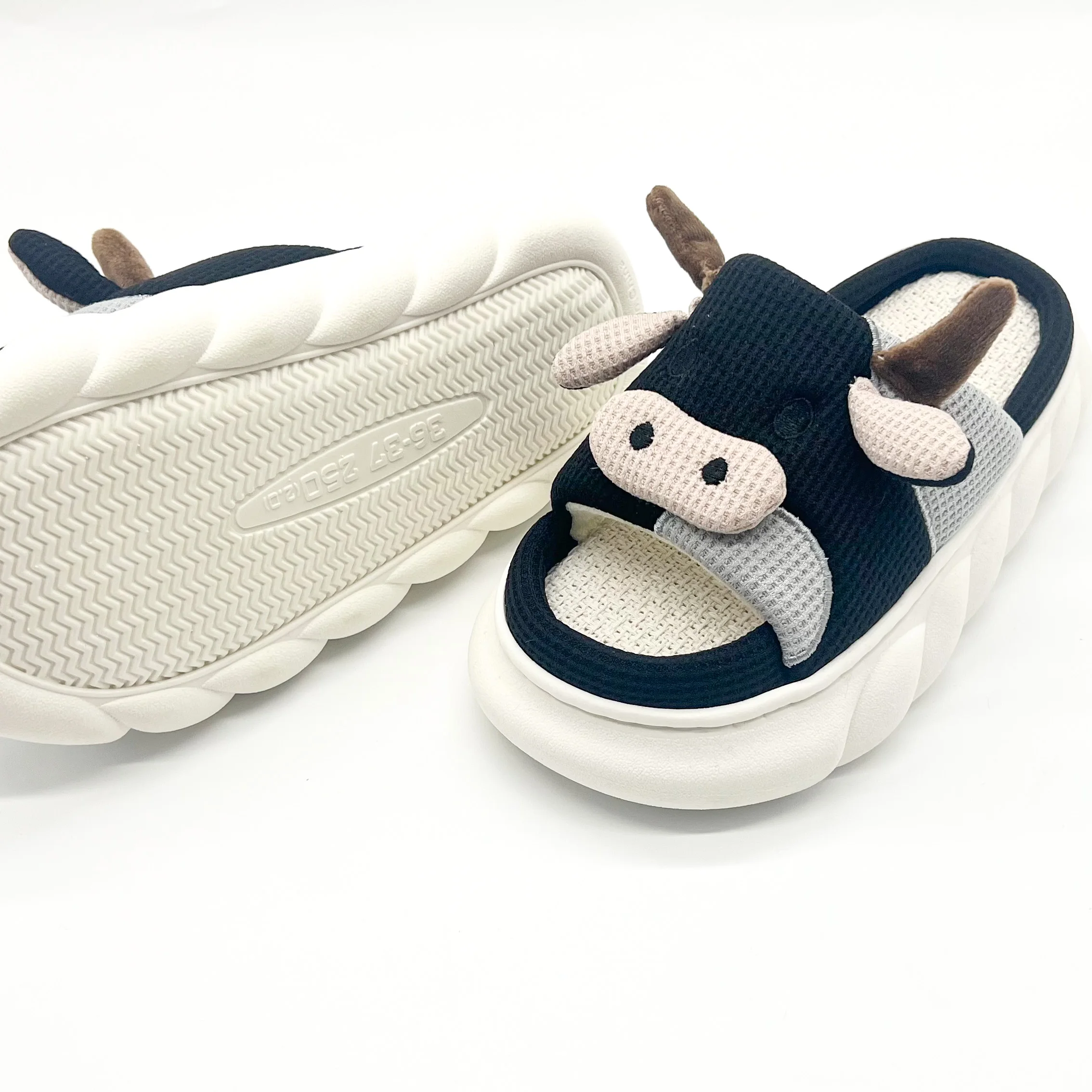 Four season house cute cartoon animal linen women girl milk cow slippers