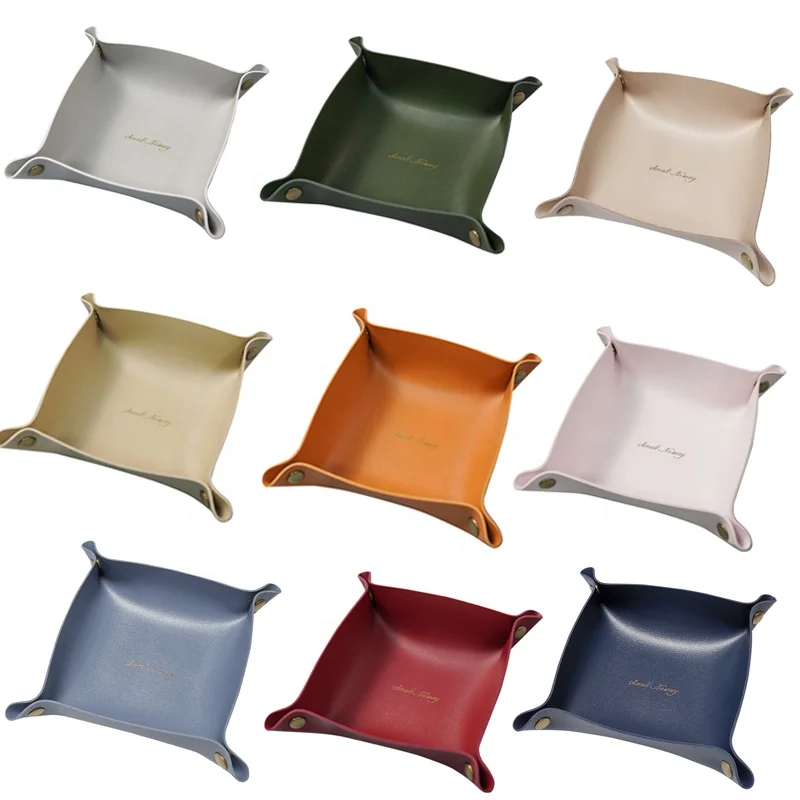 Double side jewelry pu leather storage tray mini serving tray for key coin dice wallet foldable home desk storage organizer