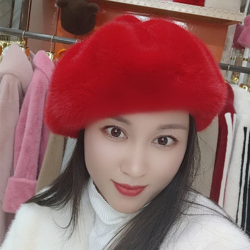 Manufacturers Wholesale Unisex Octagonal Hat Black Beret with Winter Tide Display Imitation Mink Hair with Small Bud for Fishing