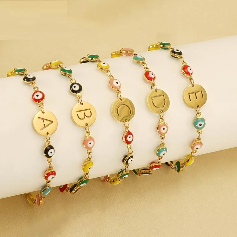 Hot Sale Custom High Quality 18K Gold Plated Stainless Steel A-Z Letter Turkey evil eyes Bracelet Cute Eyes Bracelet