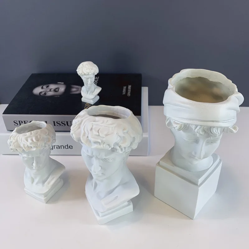 Customized indoor abstract greek figure head statue, home decor resin art sculpture creative flowers pots pen holder crafts