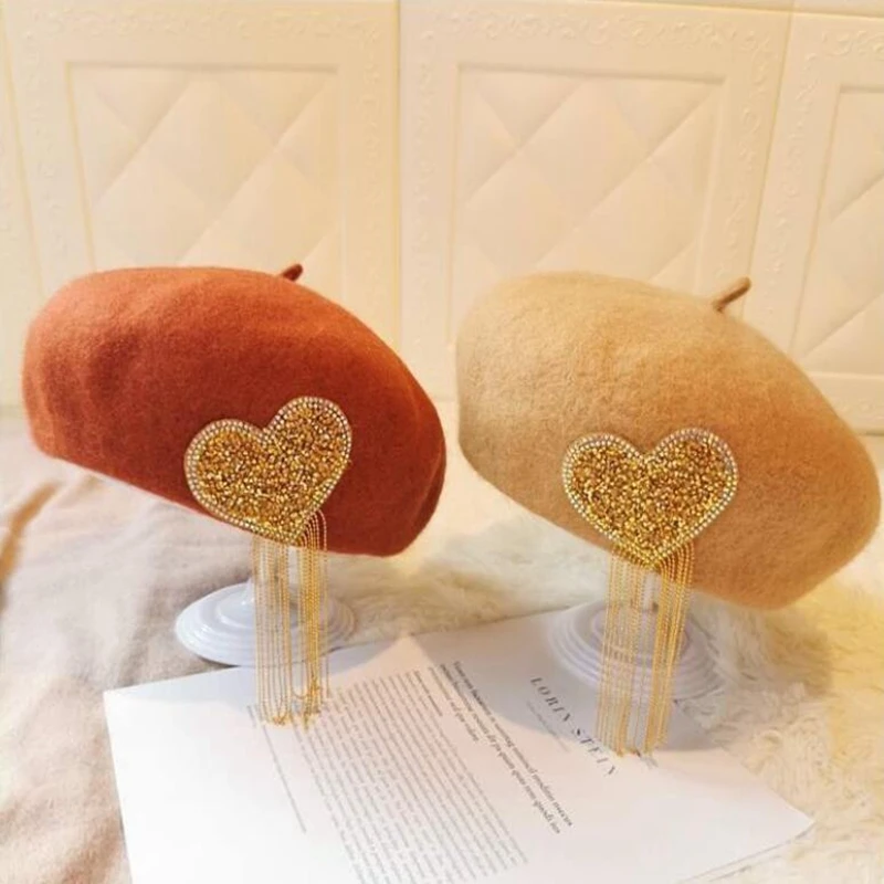 Зимняя шерстяная вязаная шапка из материалов берет шапки модные французские фетровые с кисточками и сердечками милый