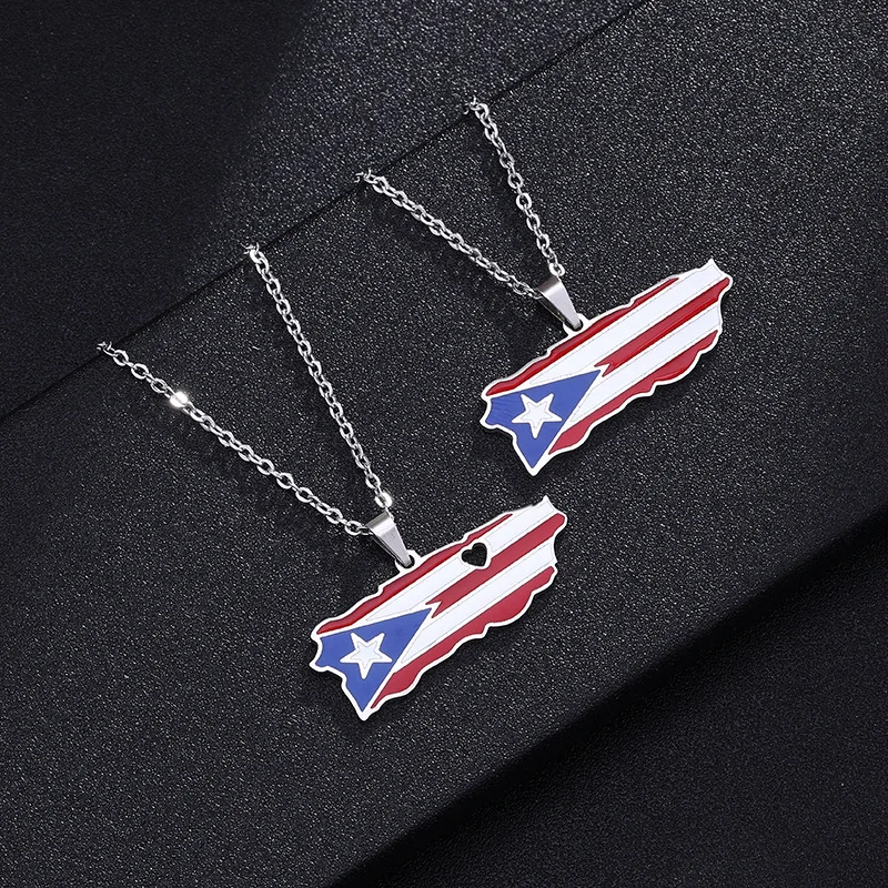 18K Gold & Stainless Steel Silver Puerto Rico Map Pendant Necklace Enamel Puerto Rico Flag for Men Women Features Zircon Stone