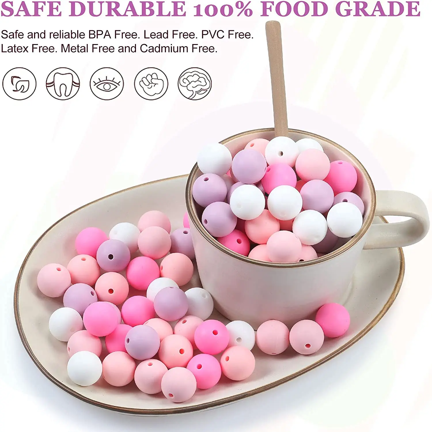 Promise Babe Round Silicone Beads Mix Color Silicone Teething Beads 15mm  DIY Supplies BPA Free