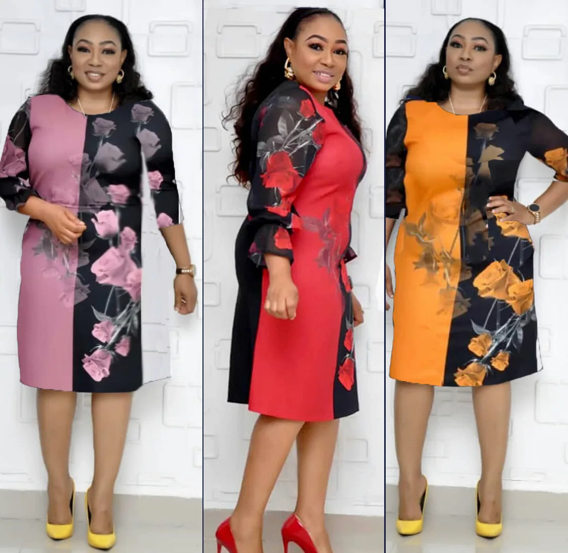 H3139 women fancy fashion yellow hot european American stylish red causal purple crew neck floral printing 3Xl chiffon dresses