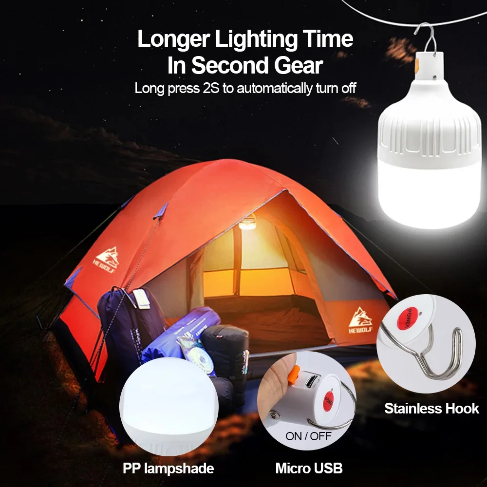 60W Rechargeable Led lamp Portable Camping Lights Bulb Emergency  Lights Outdoor Fishing Picnics Hanging Tent Light