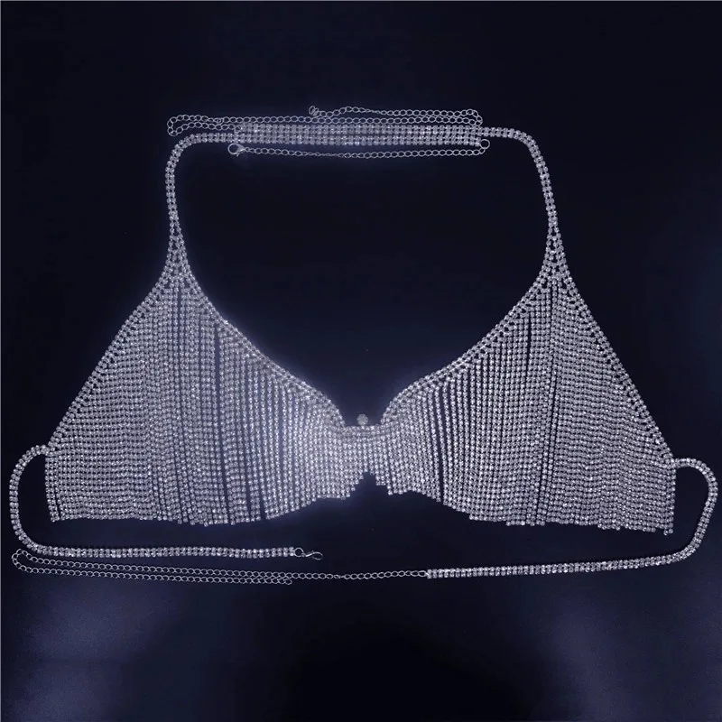 Sparkly Crystal Bra Silver Body Chains Sexy Bikini Harness Body Jewelry Beach Nightclub Body Accessories for Women and Girls