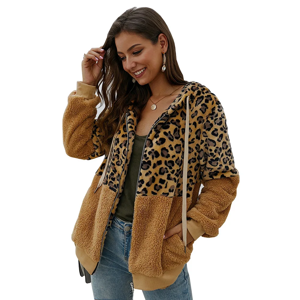 JW 2020 Autumn Winter Faux Fur Coat Women Leopard Spliced Soft Zipper Jacket Ladies Plush Overcoat  Warm Pocket Outwear