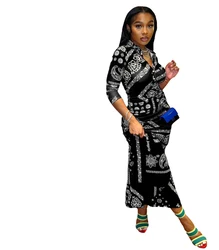 2022 Hot Sell Spring Summer Dresses Women Elegant Casual Bandana Floral Print Dress Long Sleeve Fit and Flare Boho Maxi Dress