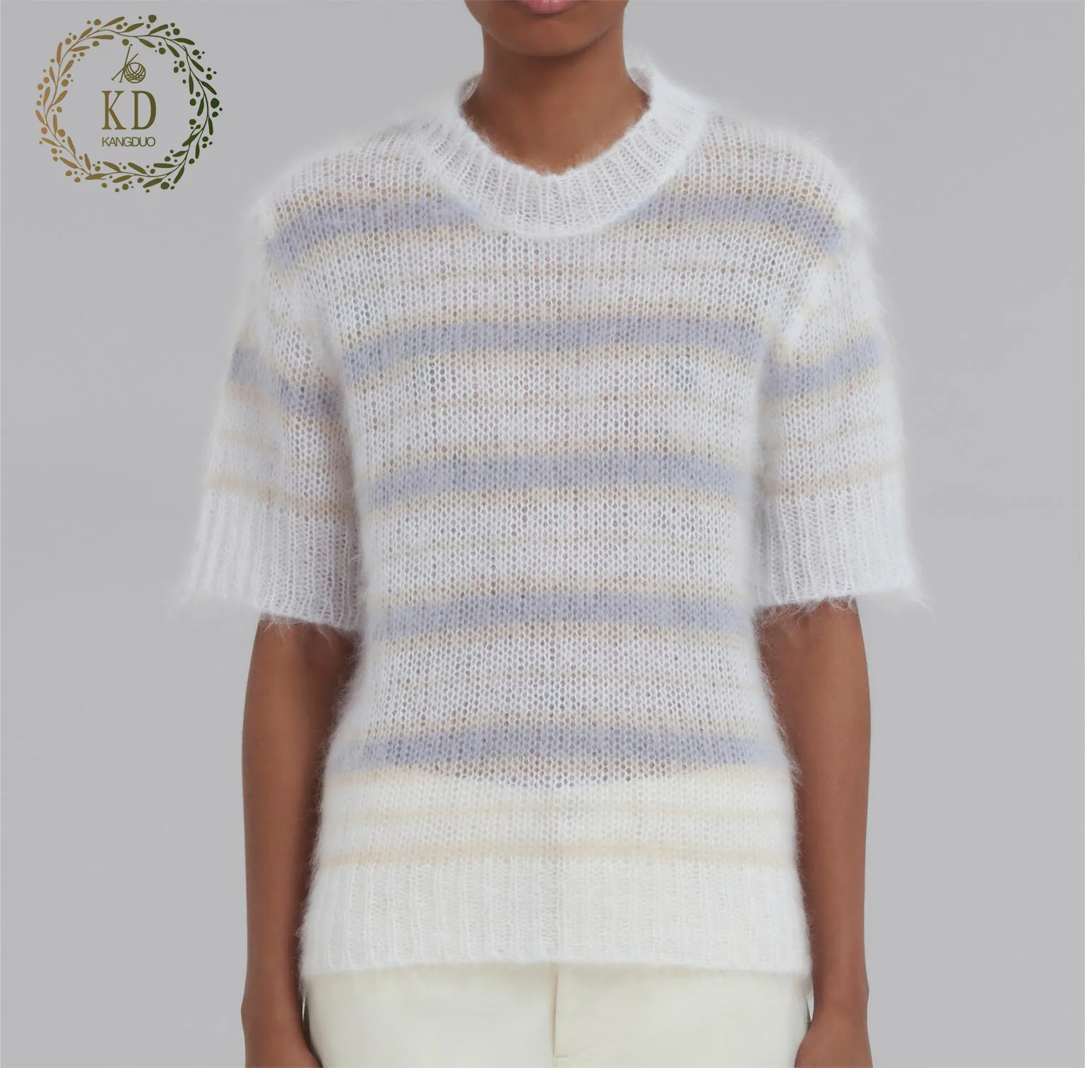 KD Sweater Manufacturer Custom OEM ODM Short Sleeved Crew Neck Brushed Furry White Mohair Wool Striped Top