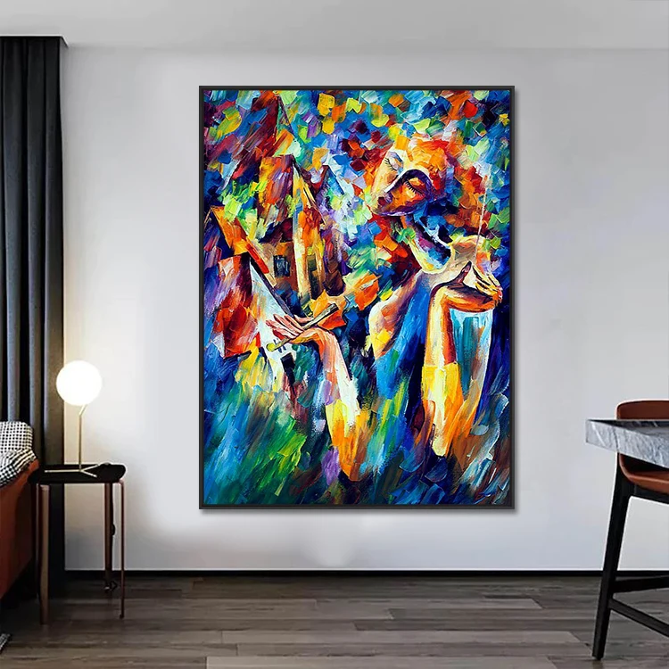 3D Colorful Cartoon Lady Figure Pure Hand Painted Canvas Abstract Face Portrait Paintings And Wall Arts