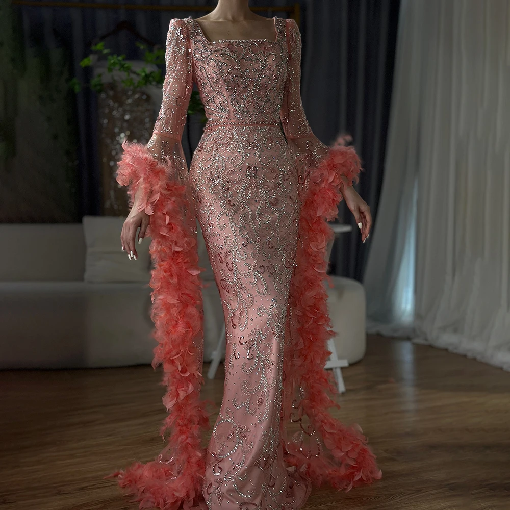Flared Sleeves Mermaid Peach Beaded Feather Evening Dresses Serene Hill LA72767 Formal Party Gowns For Women