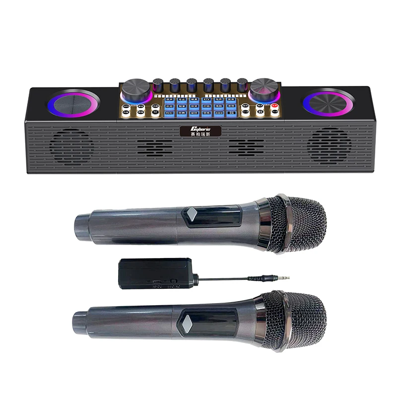 CYB-K6 HIFI quality singing card sound audio wireless speaker, RGB LIGHT, 1/2 microphone option for karaoke, live show