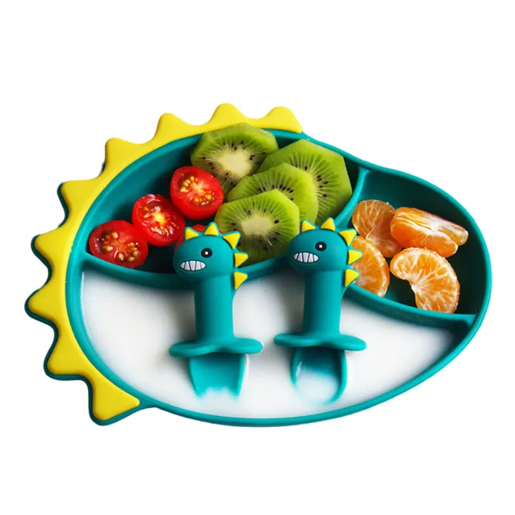 New Design Dinosaur Shape Kid Silicone Bowl Cartoon Feeding Sets Baby Plate