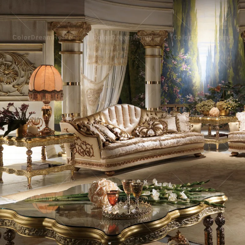 french living room furniture Luxury Gold square coffee table set wooden center table