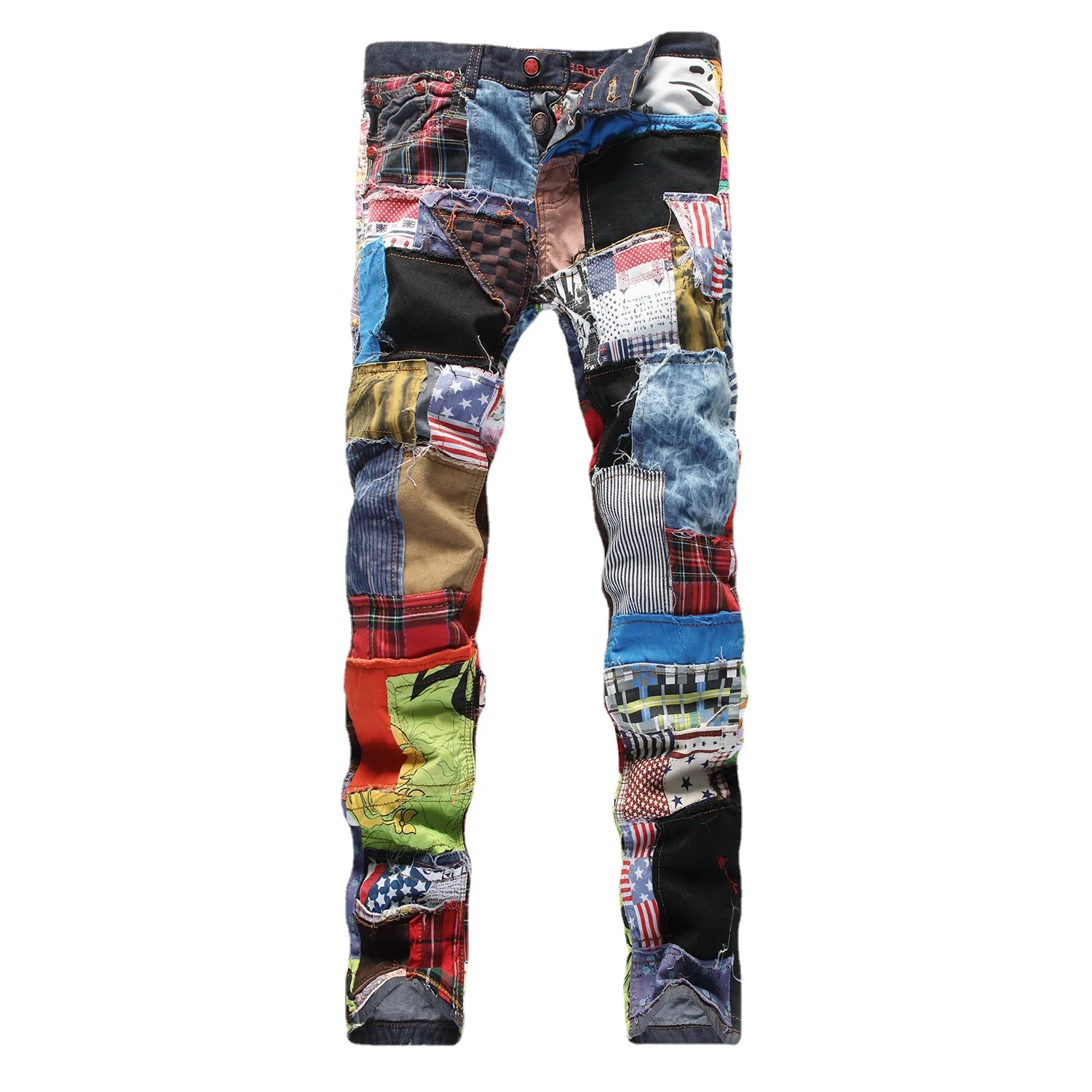 New Trendy Straight Leg Slim-Fit Jeans Embroidery Stitching Colorful Ripped Pants Hip Hop Denim Trousers For Handsome Man
