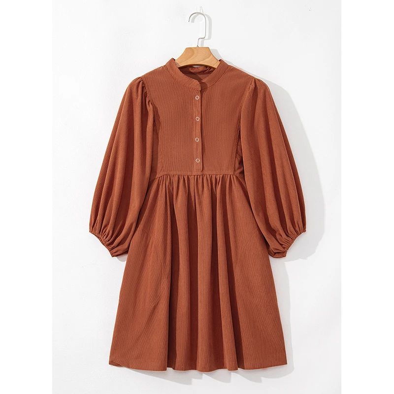 Dear-Lover Wholesale Fast Shipping Corduroy Snap Buttons Empire Waist Bracelet Sleeve Dresses Women Lady Elegant