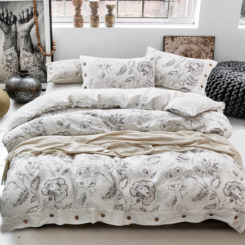 Flax Linen natural bed sheet set customized digital print deisgns bedding sets