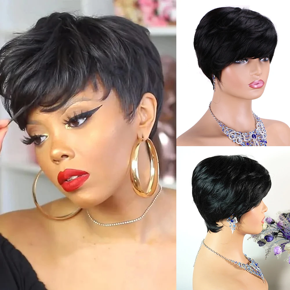 100% Brazilian Hair Short Machine Made Wig  Straight Short Pixie Cut Human Hair Wigs Vfor Black Women