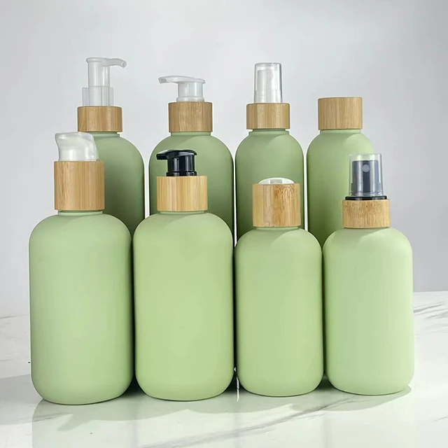 Hengjian Biodegradable Green 300ml Luxury Cosmetic Bottles 500ml Hdpe Plastic Shampoo Bottle with Bamboo Lid Hair Care Packaging