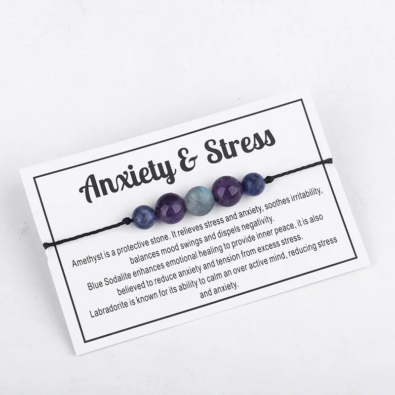 New Adjustable Natural Healing 7 Chakra Gemstone Spiritual Anxiety Stress Relief Amethyst Bead Bracelet With Card