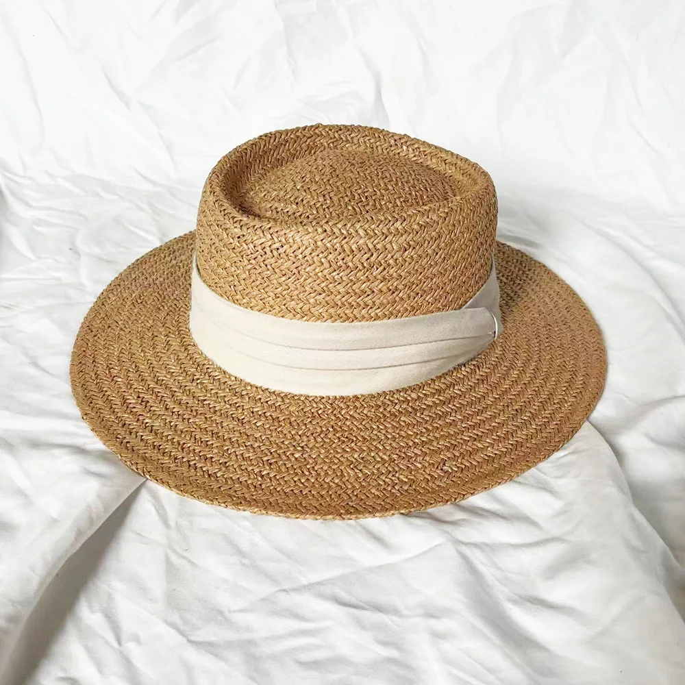Custom 2024 Hot Sale  Vintage Women Summer Telescope  Boater Beach Sun Hat Hand Weave Paper Straw Hat with Cotton Ribbon