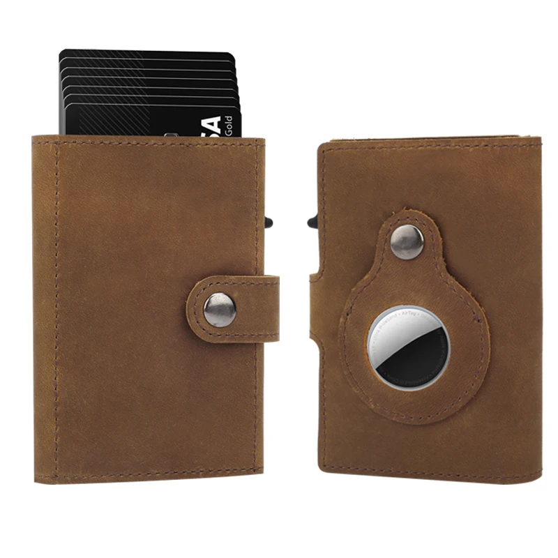 Wholesale Custom Front Pocket Genuine Leather Case Slim Minimalist Rfid Aluminum Metal  Business Credit Card Holder With Airtag