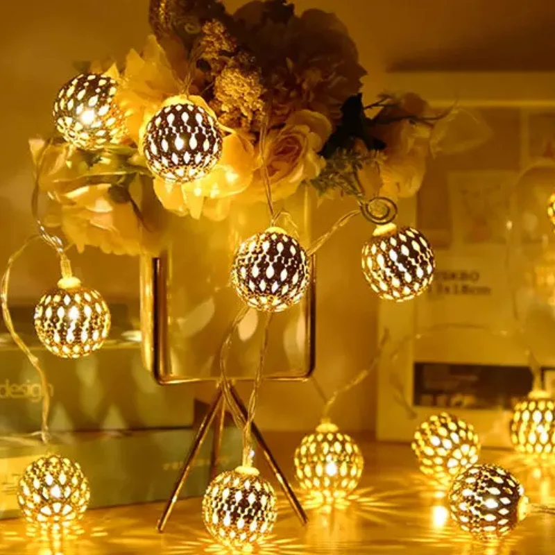 Mini metal ball golden color Ramadan christmas decoration led light warm white colorful led string light with battery box