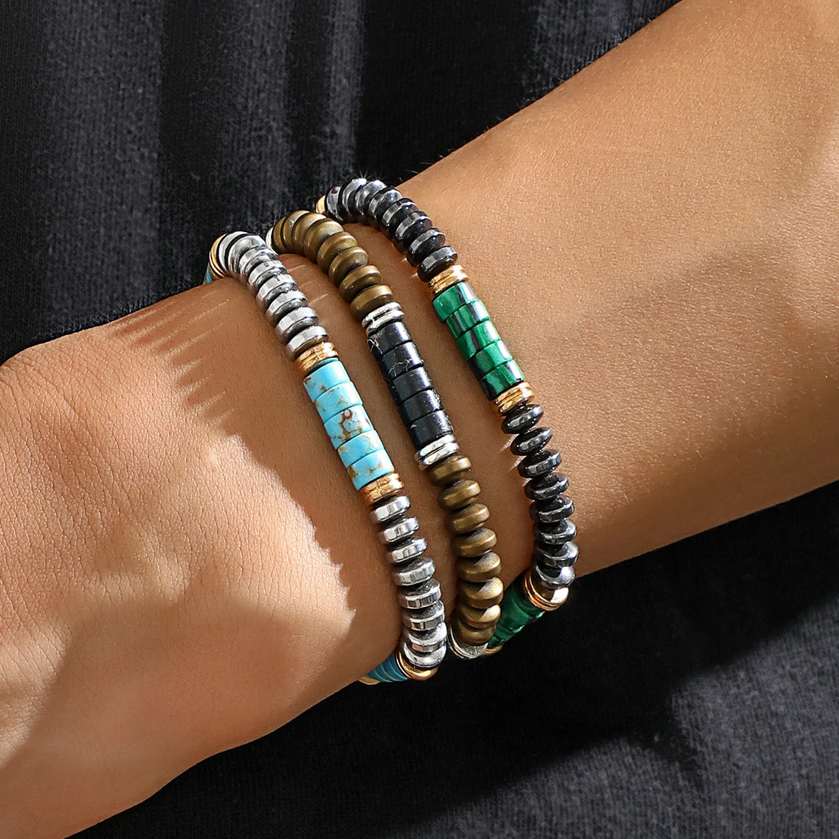 Fashion Statement Hip Hop Men Handmade Woven Adjustable Flat Round Spacer Beads Hematite Turquoise Stone Beaded Bracelet for Man