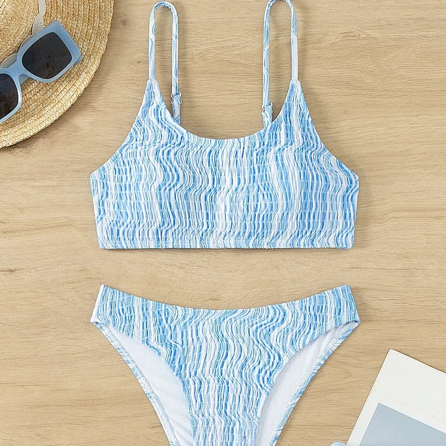 Cheap new design push up  girl mini bikini blue bathing suit print knit bikini