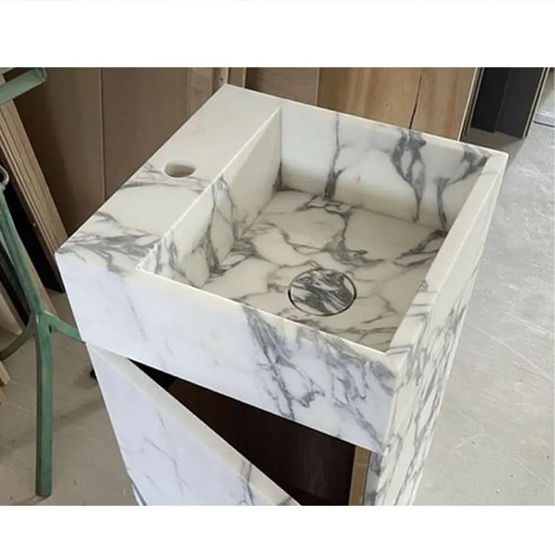 Customized Design Modern Rectangular Pedestal Arabascato Marble Freestanding Vanity Cabinet With Sink For Bathroom