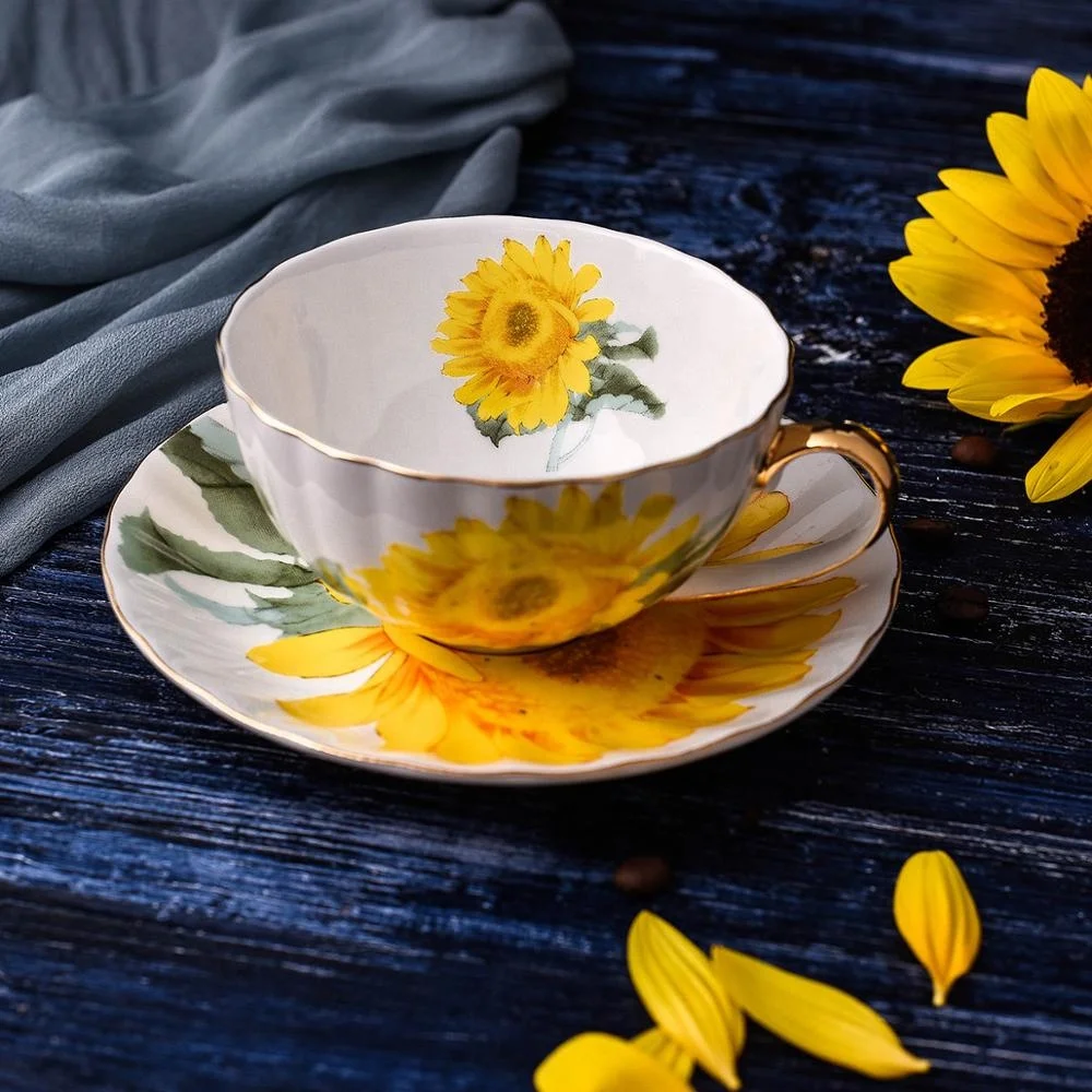 Creative sunflower coffee cup saucer set british home office flower tea cup drawing gold rim bone china cup custom logo
