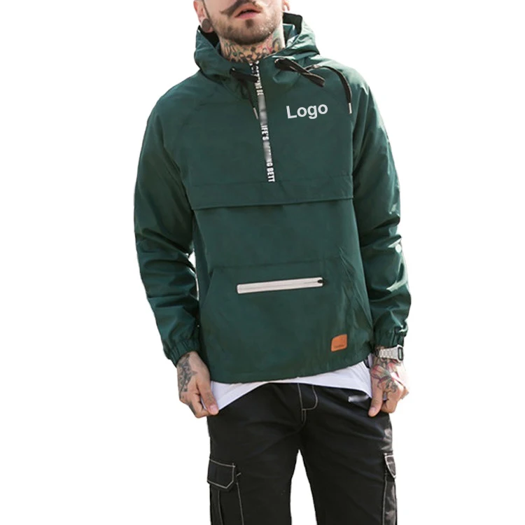 custom printed logo pullover 100% polyester windbreaker jacket stomach pocket  half zip Mens jacket