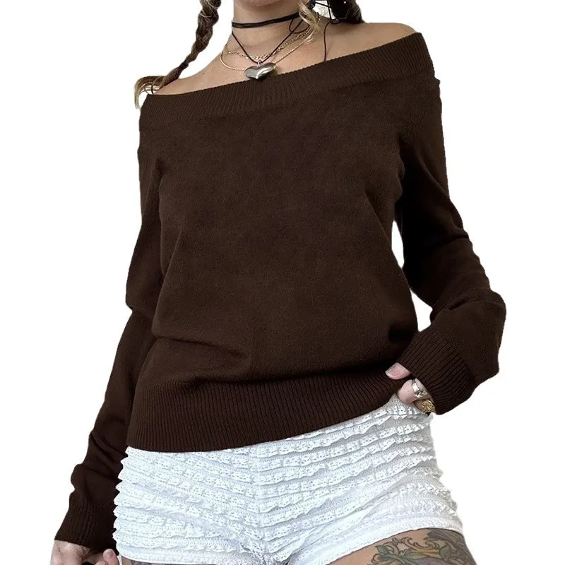 American-style retro Brown large collar waist-tight woolen top autumn wild women loose sweater
