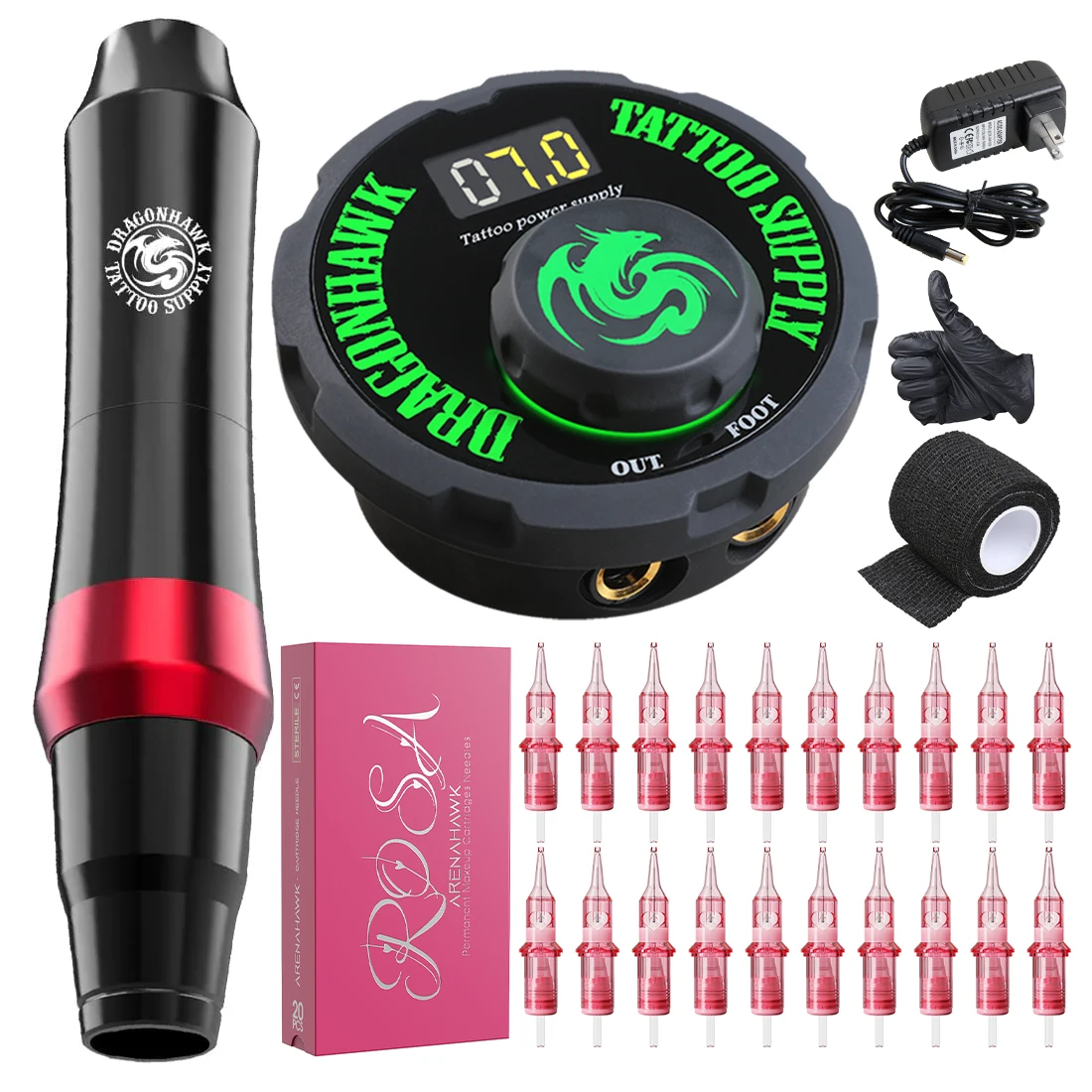 Dragonhawk Permanent Make Up Tattoo Machine Kit with 20pcs Needle Cartridge Premium Tattoo Kits