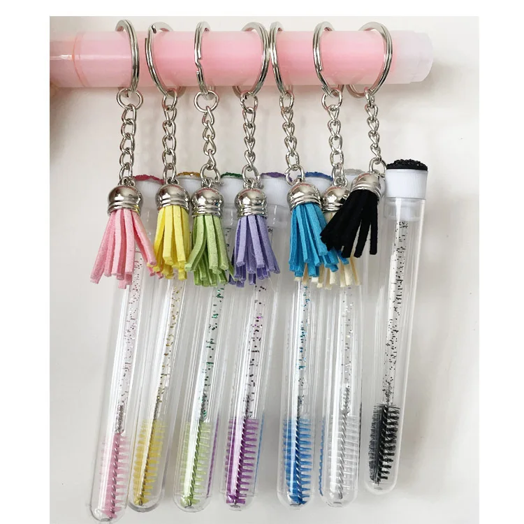 Custom logo colorful lash brushes mascara wand eyelash brush mascara spoolie cleaning brush tube eyelash extension with keychain