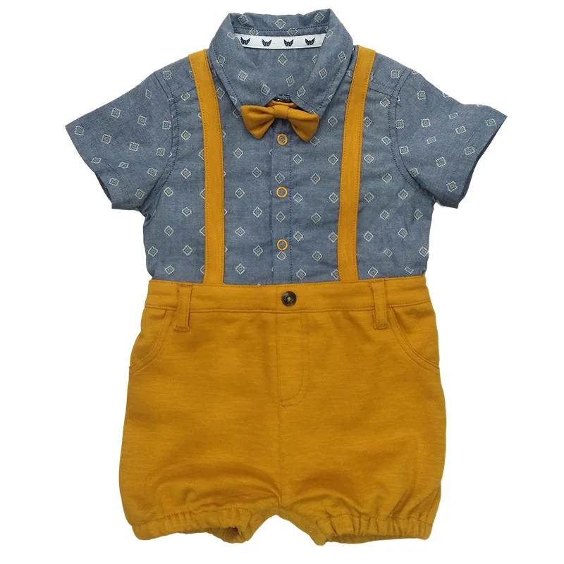 Mix Jumpsuit Romper with Bow Tie Shirt Cotton Woven and Knit Medium High Quality Infant Baby Boy Gentleman Knitted Fabric 3-18M