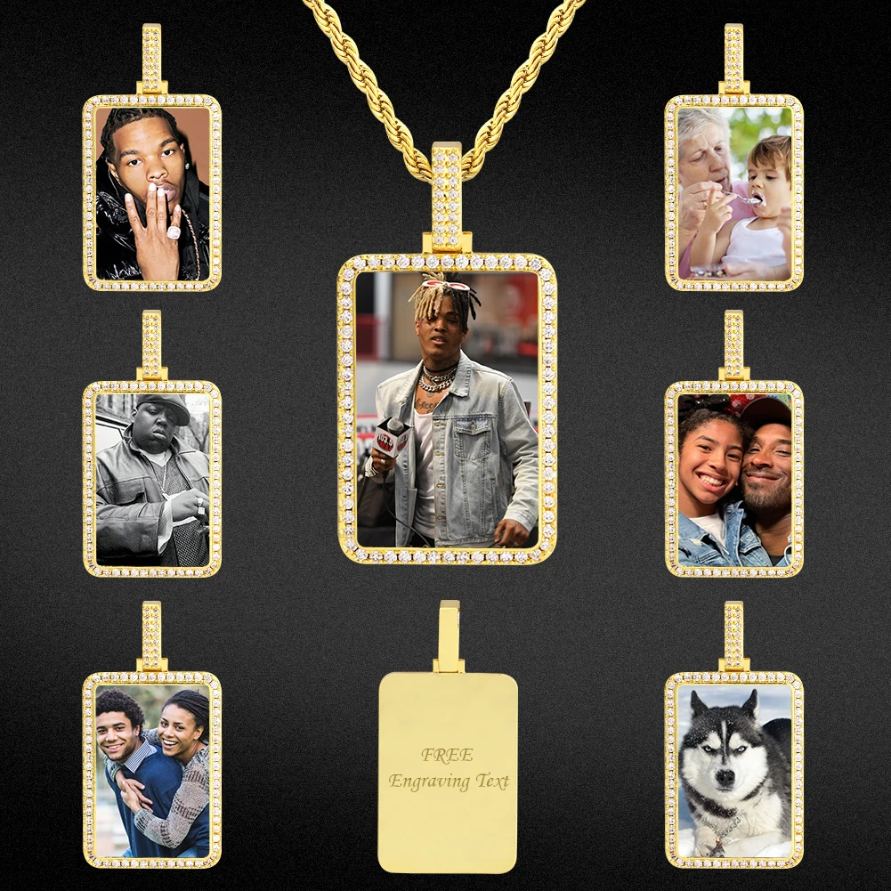 KRKC Custom Made Cubic Zirconia Sublimation Metal Necklace Gold Plated Family Pendent Picture Photo Charm Necklace for Photo