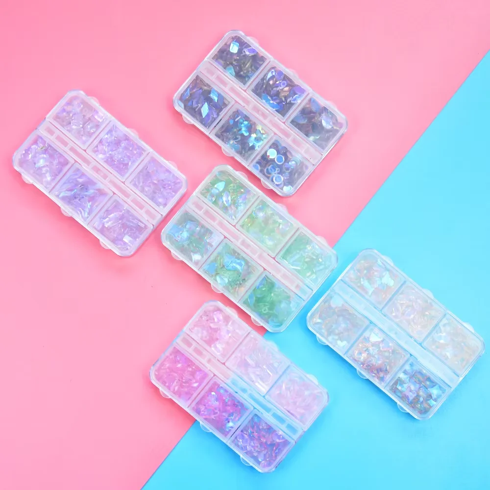 Wholesale High Quality Aurora Crystal AB Special Shaped Bulk Flatback Non Hotfix 6 Grid Box Nails Rhinestone Nail Art Decor