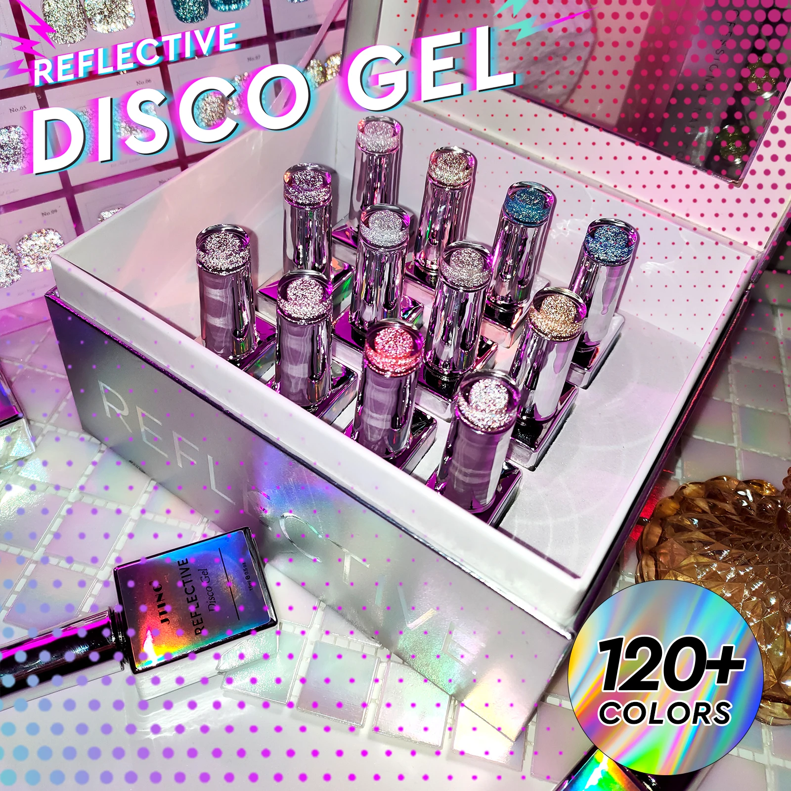 JTING Unique Customize 12colors reflective disco gel polish set box collection OEM free design your own nail brand logo