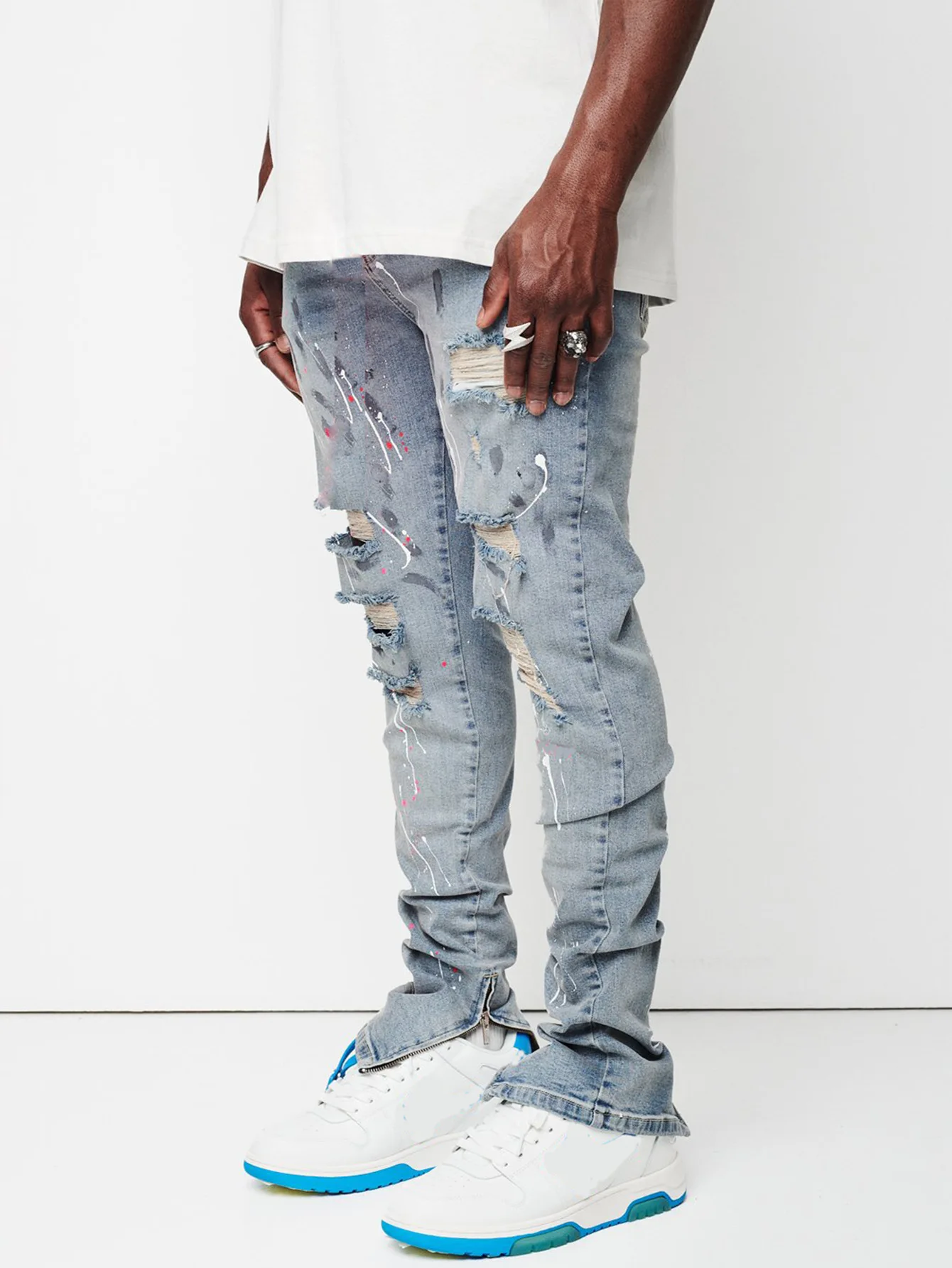 England New design jeans men paint slim fit cotton ripped denim pants customized LOGO knee damage  light blue jeans