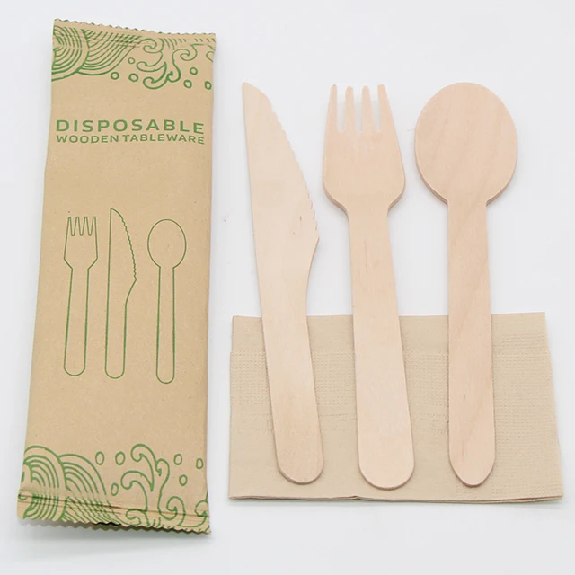 Eco-friendly Reusable Wood Cutlery 16CM Fork ,16CM Spoon, 16.5CM Knives Disposable Dinnerware Set With Cutlery