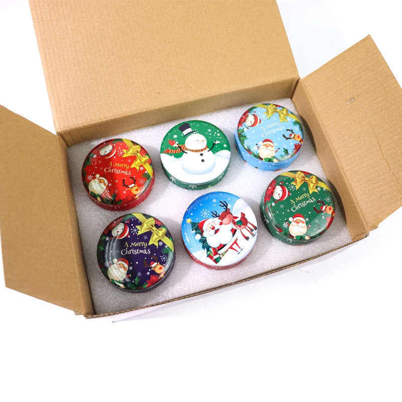 Christmas Handmade Scented Tin Candle Round Container Candles with Colorful Design