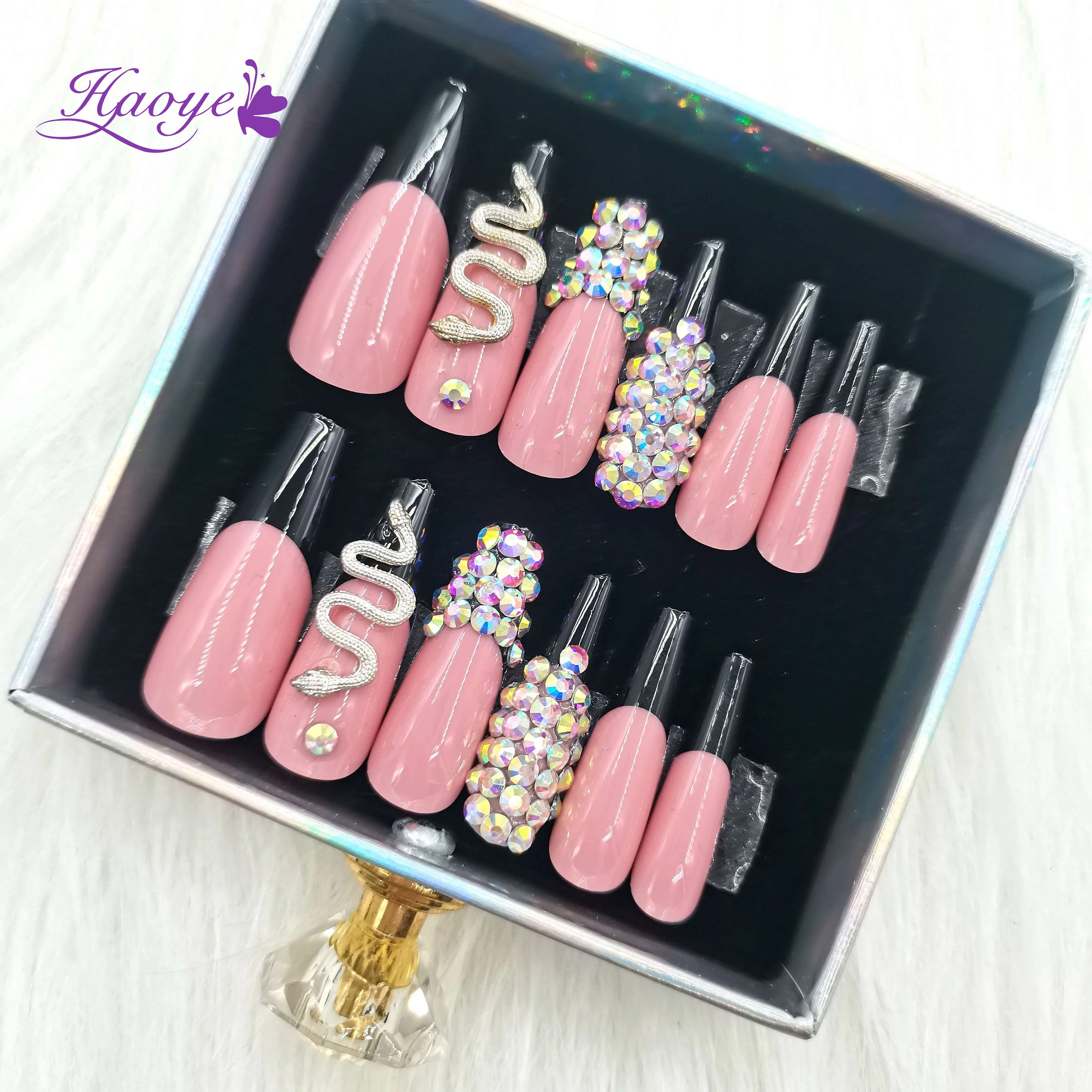 INS Hot Wholesale Rhinestones ABS Acrylic Artificial Fingernails Custom Private Label Packaging Box Long Press On Nails Vendors